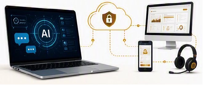 AI-enabled digital workplace: laptop with AI assistant, secure cloud, monitor, phone and headset